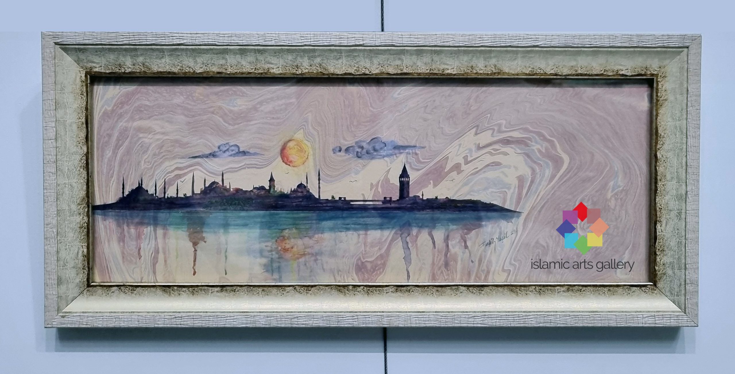 Ebru üzeri suluboya İstanbul silüeti resmi